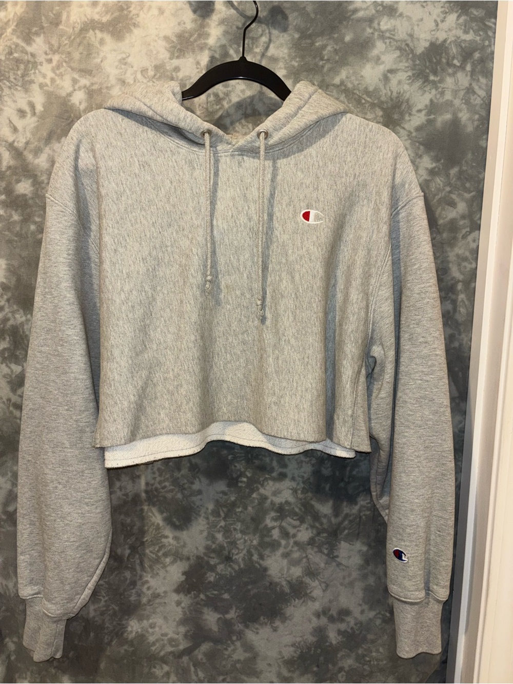 Champion Cropped Hoodie Sweatshirt - Light Gray with Red Logo